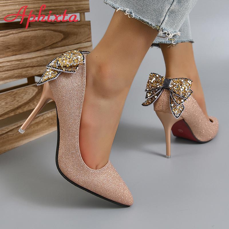 Fashion Aphixta 2024 New Bling Butterfly-knot 10cm Stiletto Heel Shoes Women Pumps Flowers Officile Pointed Toe Super Big Size 49 50