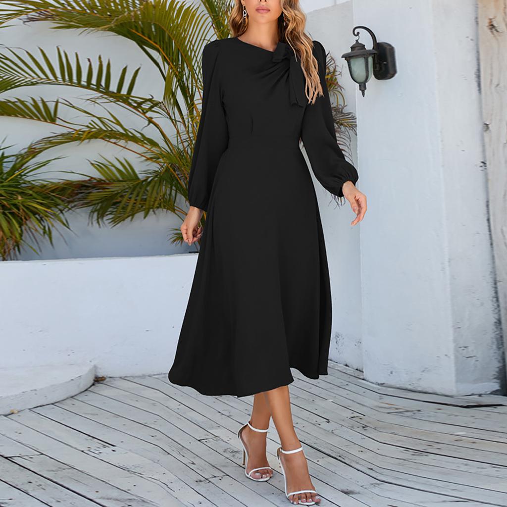 Women's Color Round Neck A-Line Long Sleeve Midi Dress