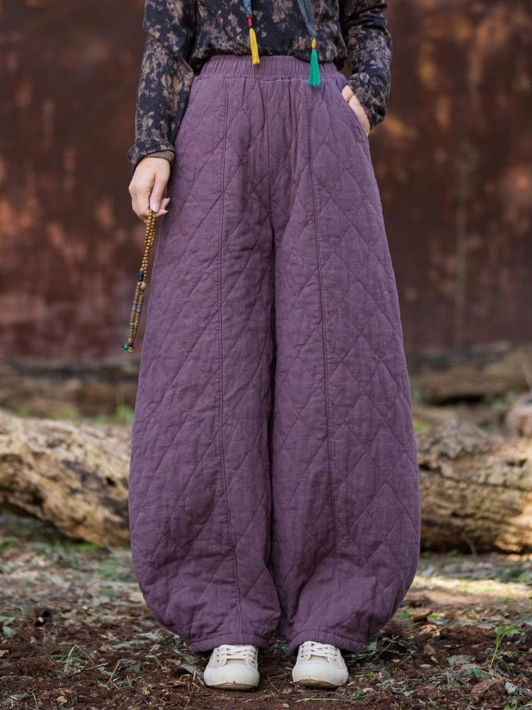 2025 Winter Women's Retro Quilted Diamond Pattern Lantern Pants - Thick Warm Cotton Linen