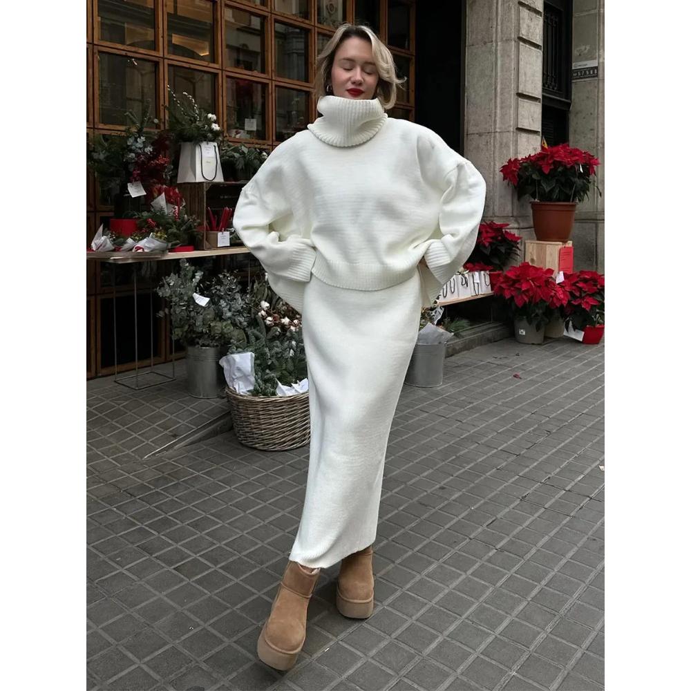 Women's Knitted Turtleneck Sweater Skirt 2- Piece Set  Autumn Winter Loose Knit Outfit Casual Warm Suit