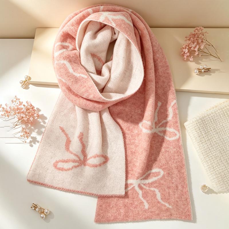 INS girly bow jacquard scarf wool blended double-sided contrasting scarf autumn and winter atmosphere temperament scarf