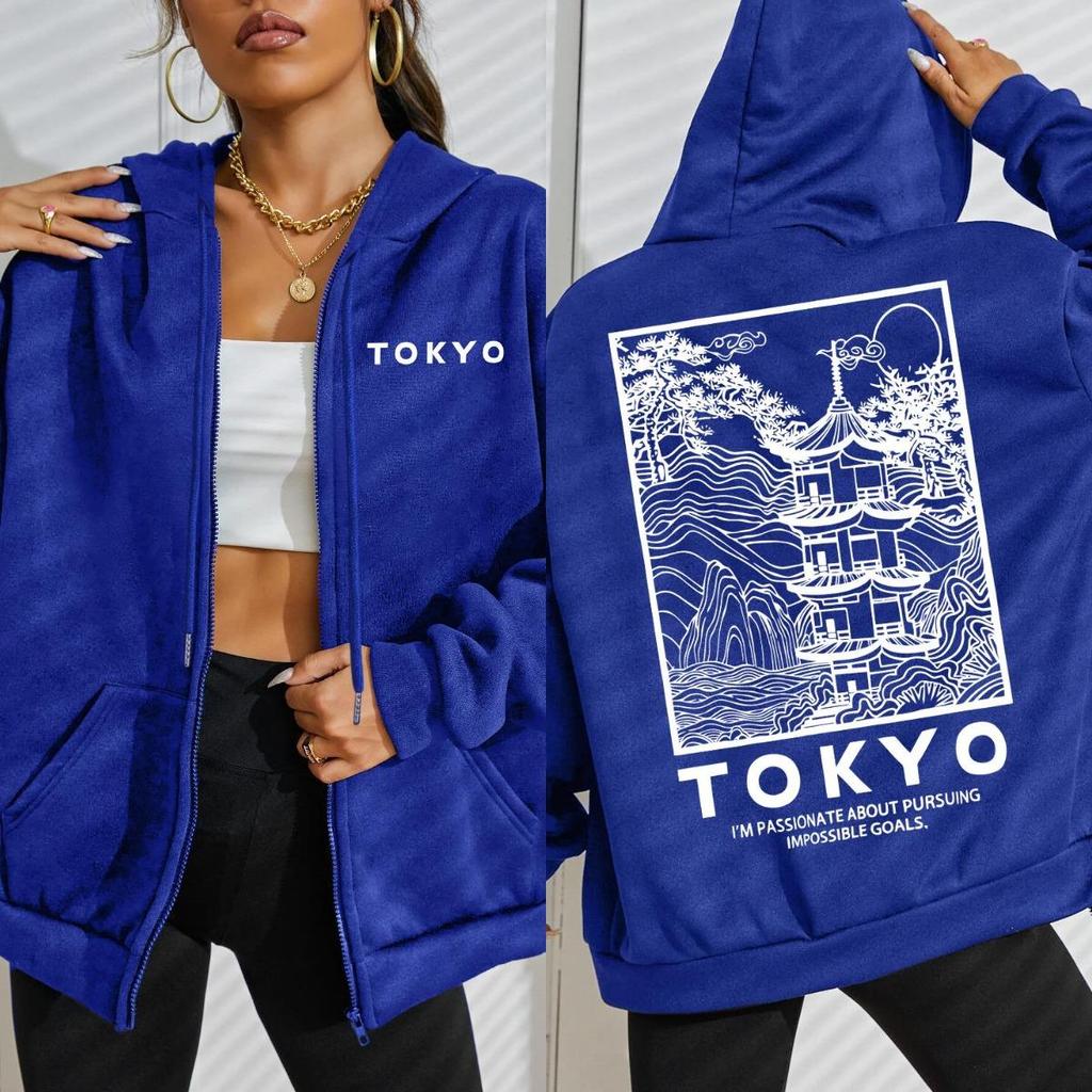 Tokyo Creative Building Cherry Blossom Letter Design Women Zipper Streetwear Hoodie Casual Loose Hoody Autumn Top
