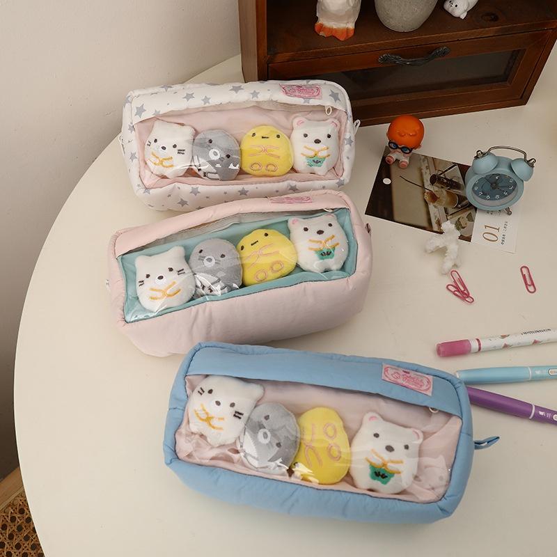 Cute Sweet Large Capacity Padded Transparent Pencil Case With 4 Doll Student Stationery Pen Bag Girly Cosmetic Storage Bag Gifts