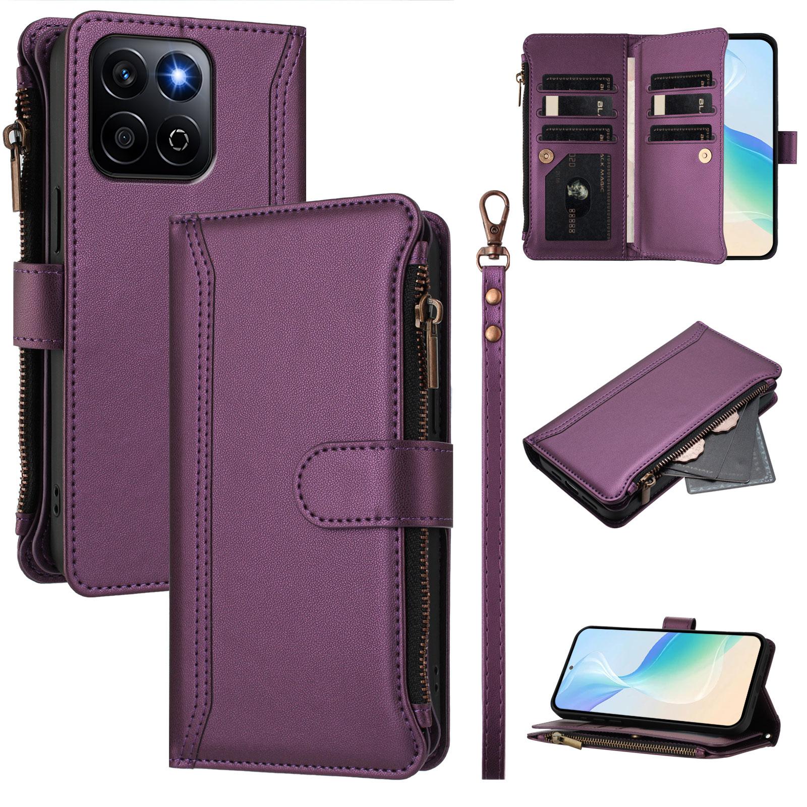 

For Honor 200 Smart 5G/Honor Play 60 Plus 5G/Honor X7c 4G Leather Case 9 Card Slots Zipper Wallet Stand Phone Cover with Wrist Strap Purple
