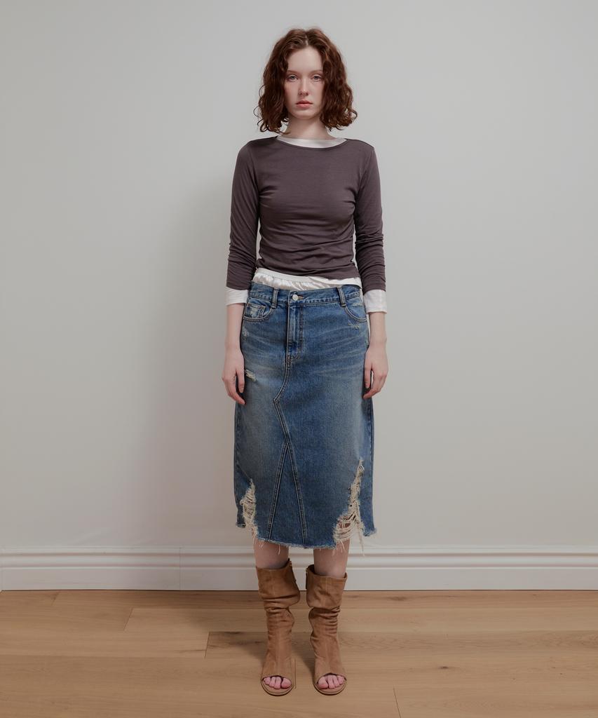 Aobteu Vintage Washed Denim Skirt - Blue