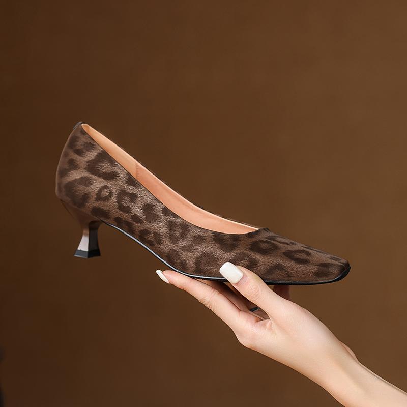 Krazing Pot Cow Skin Summer Autumn Thin Med Heels Party Shoes Women Square Toe Leopard Prints Shallow Pumps