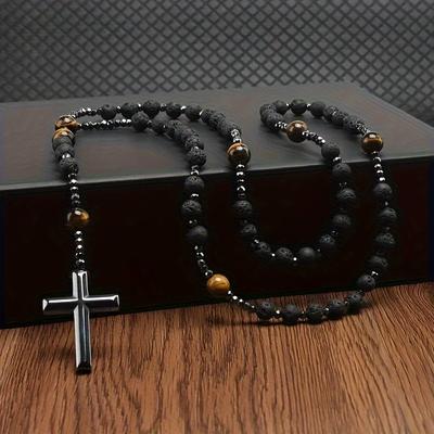 Μαύρο Volcanic Rock Yellow Tiger Eye Μαύρο σταυρό χολόλιθου Θρησκευτικό ανδρικό κολιέ με χάντρες