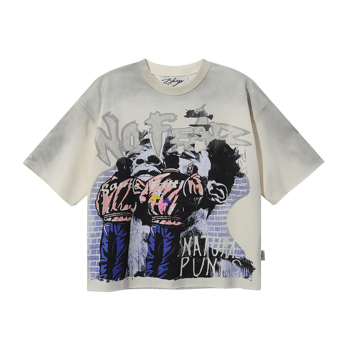 2026 Summer Men s Oversize T-Shirt, Gorilla Street Graffiti Print Hip Hop Short Sleeve Tee With Rhinestone No Fear Letter S