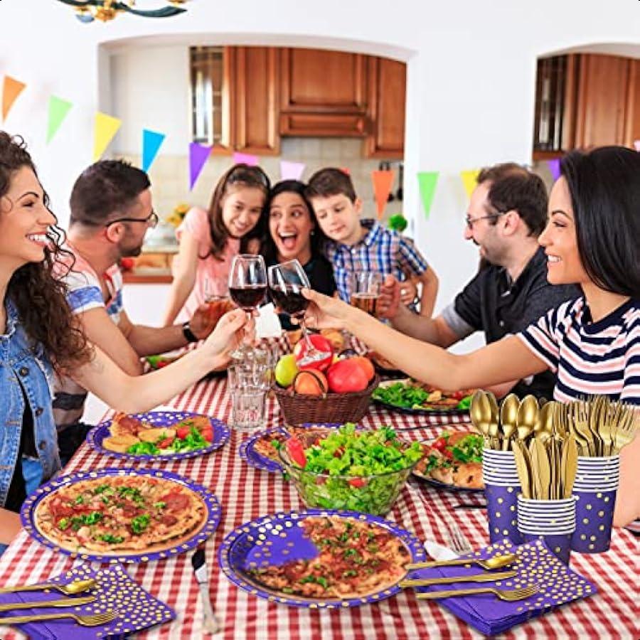 Purple and Gold Party Supplies 140 Pieces Golden Dot Disposable Party Dinnerware Purple Paper Plates Napkins Cups Gold Plastic