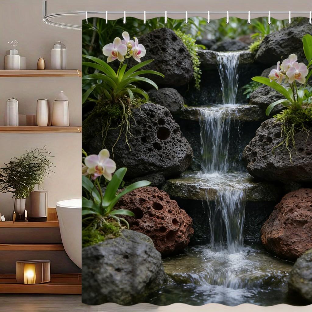 Lush Tropical Rainforest Stream with Giant Monstera Leaves Waterproof Shower Curtain for Bathroom Decor