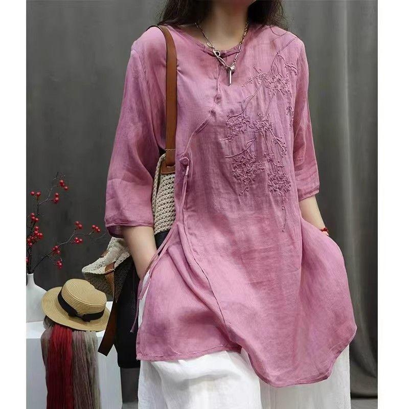 Women Chinese Style Embroidered Cotton Linen Mid Sleeve Pullover Long Shirt M