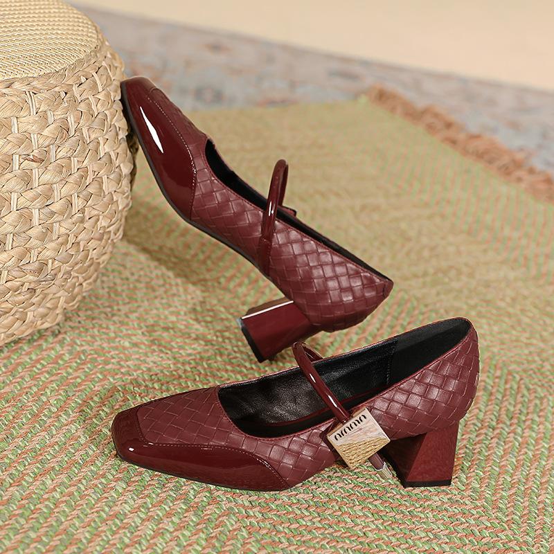 Mary Jane shoes women's middle heel new square head single shoes splicing retro magic buckle word with thick heel high heels