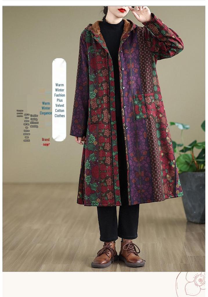 Women's Plus Velvet Thickened Hooded Windbreaker - Autumn/Winter 2026 Warm Loose Fit Cotton Jacket, Plus Size Outerwear