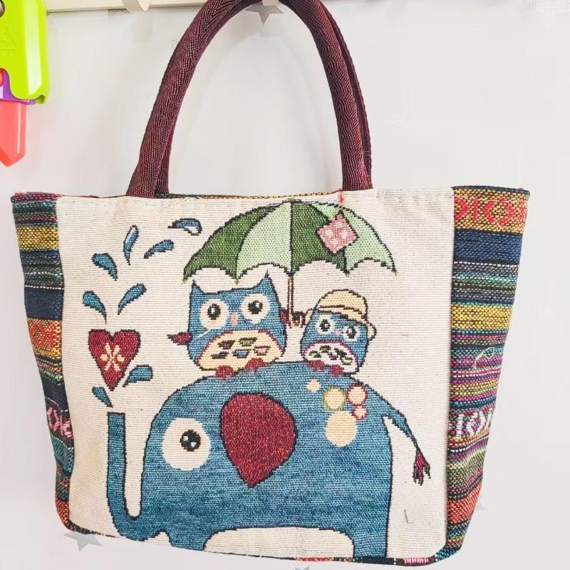 Canvas bag, women's large-capacity double-sided embroidered animal handbag, mommy bag, go shopping, handbag