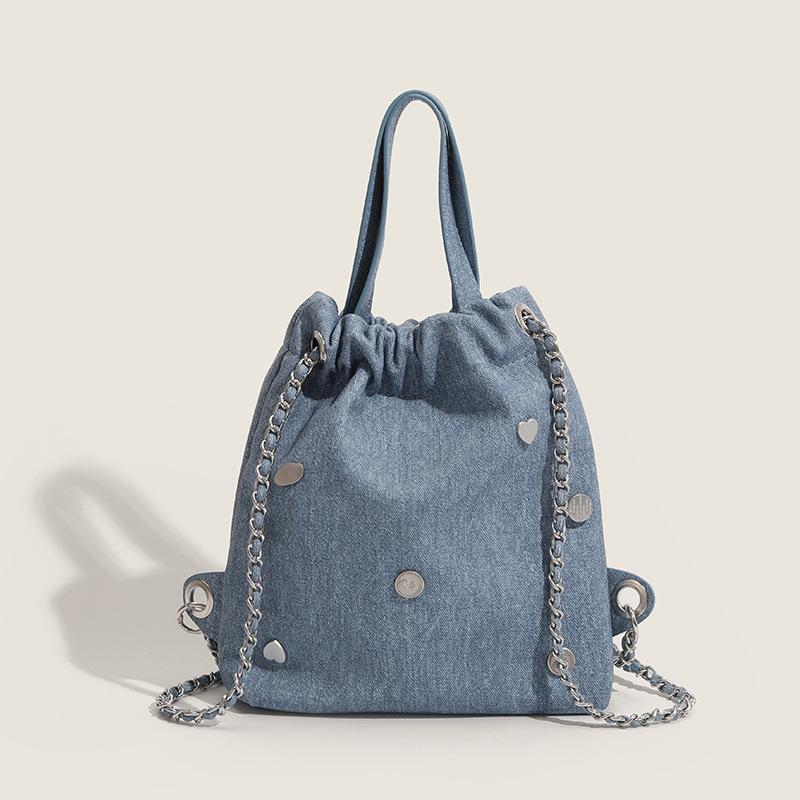 Casual Women s Backpack 2024 Spring/Summer New Fashion Denim Handbag Bucket Bag High-End Chain Small Backpack