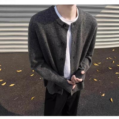 Simple Round Neck Solid Color Breasted Knitted Cardigan Men's Autumn and Winter American Lazy Style High-end Heavy Sweater Jacket