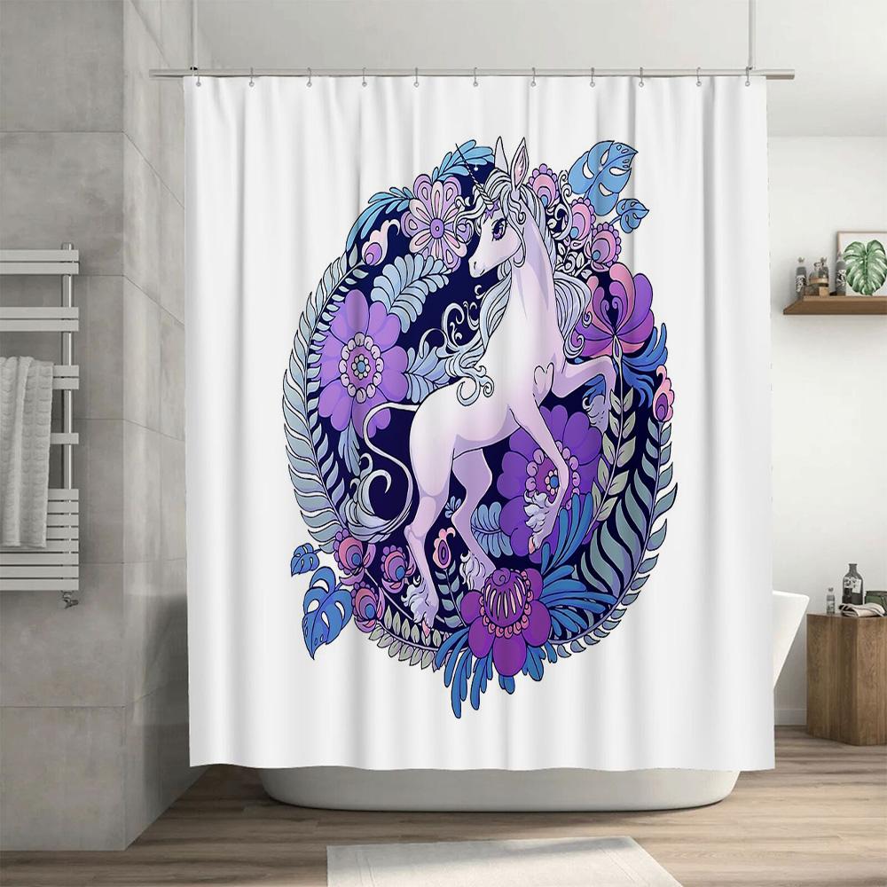 Floral Unicorn Shower Curtain SetsFantasy Forest BackdropMagical Animal DecorWhimsical Home TextileCute Unicorn Wall ArtBathroom
