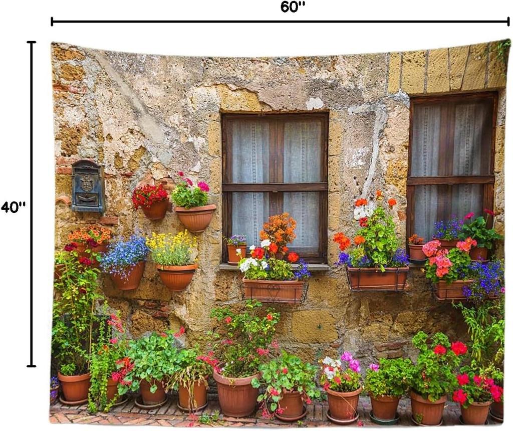 Tuscany Tapestry Italy Old Stone Wall Flowers Windows Decor Wall Hangings Large for Bedroom Living Room Dorm Man Cave