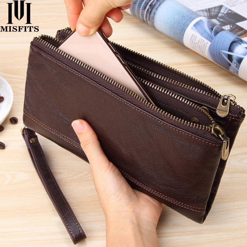 MISFITS Männer Marke Organizer Brieftaschen Aus Echtem Leder Doppel-reißverschluss Handtasche Mann Kuh Leder Lange Geldbörse Multi-funktion Telefon Tasche