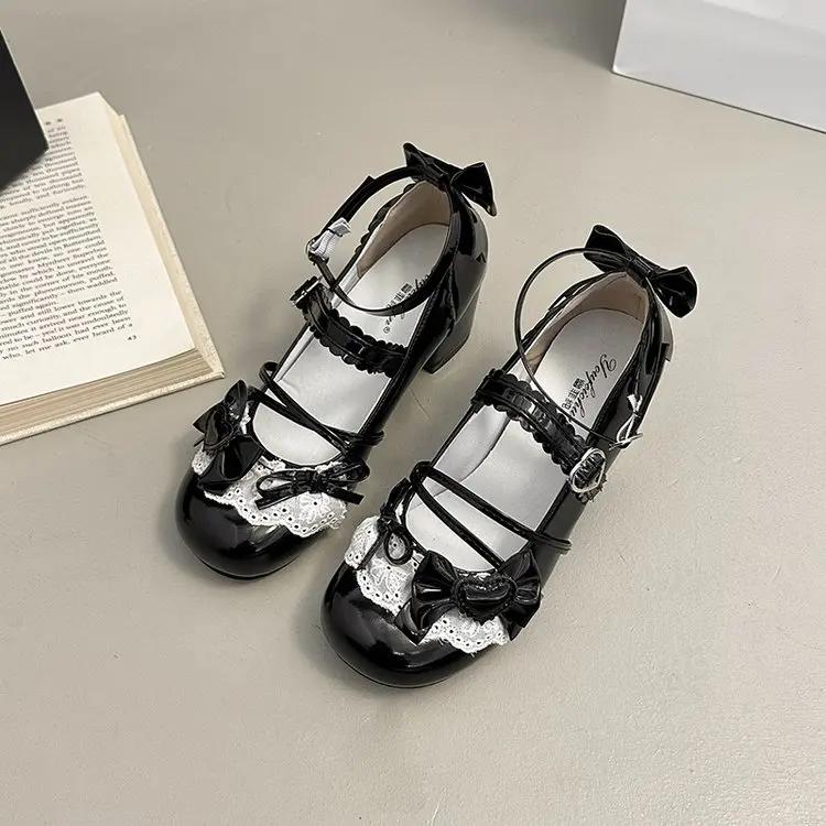 Fashion Cute Japanese Small Leather Shoes Women Sweetheart Story Lace Kitten Heel Single Shoes Mary Jane Shoes Women