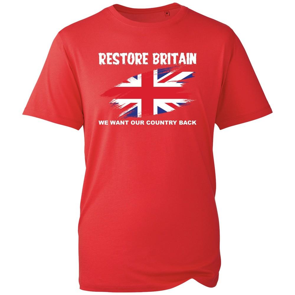 Restore Britain Union Jack T Shirt Unisex UK Flag Patriot Slogan Graphic Tee Black S