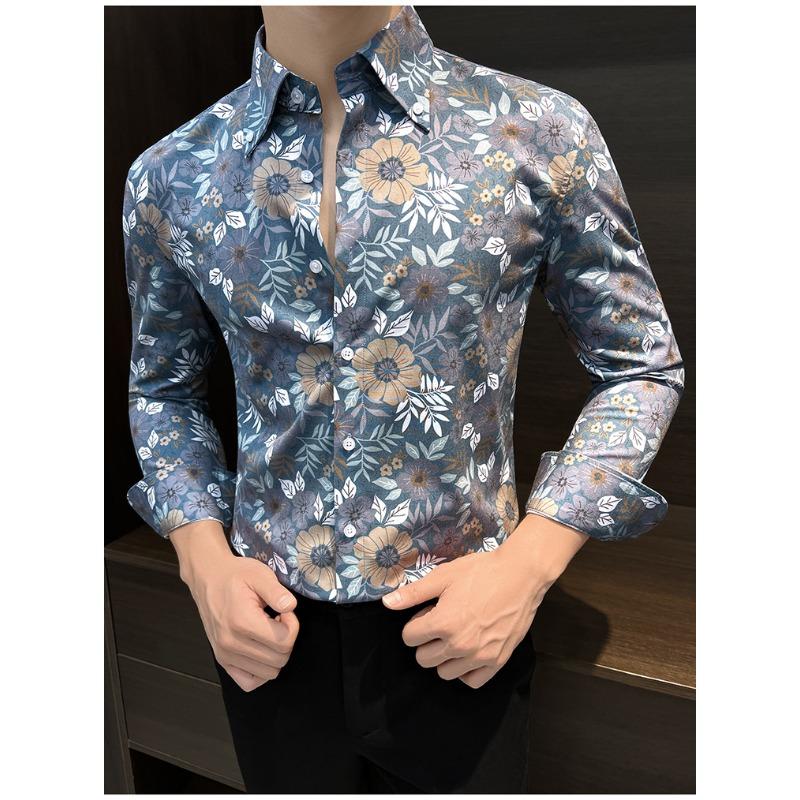 Men's Floral Print Long Sleeve Button Up Shirt Casual Slim Fit Fashion Top for Daily Wear