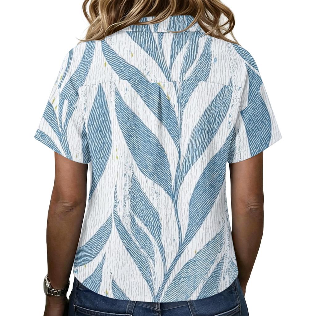 Damen Mode Polo Kragen Knopf Vintage Blumendruck Locker Geschnitten Kurzarm T-Shirt Leinenmischung Lässiges Oberteil für den Sommer