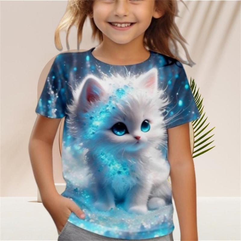 Barns Tecknad Kattunge Tryck Färg T-shirts Flickor Mode Mjuk Bekväm T-shirt