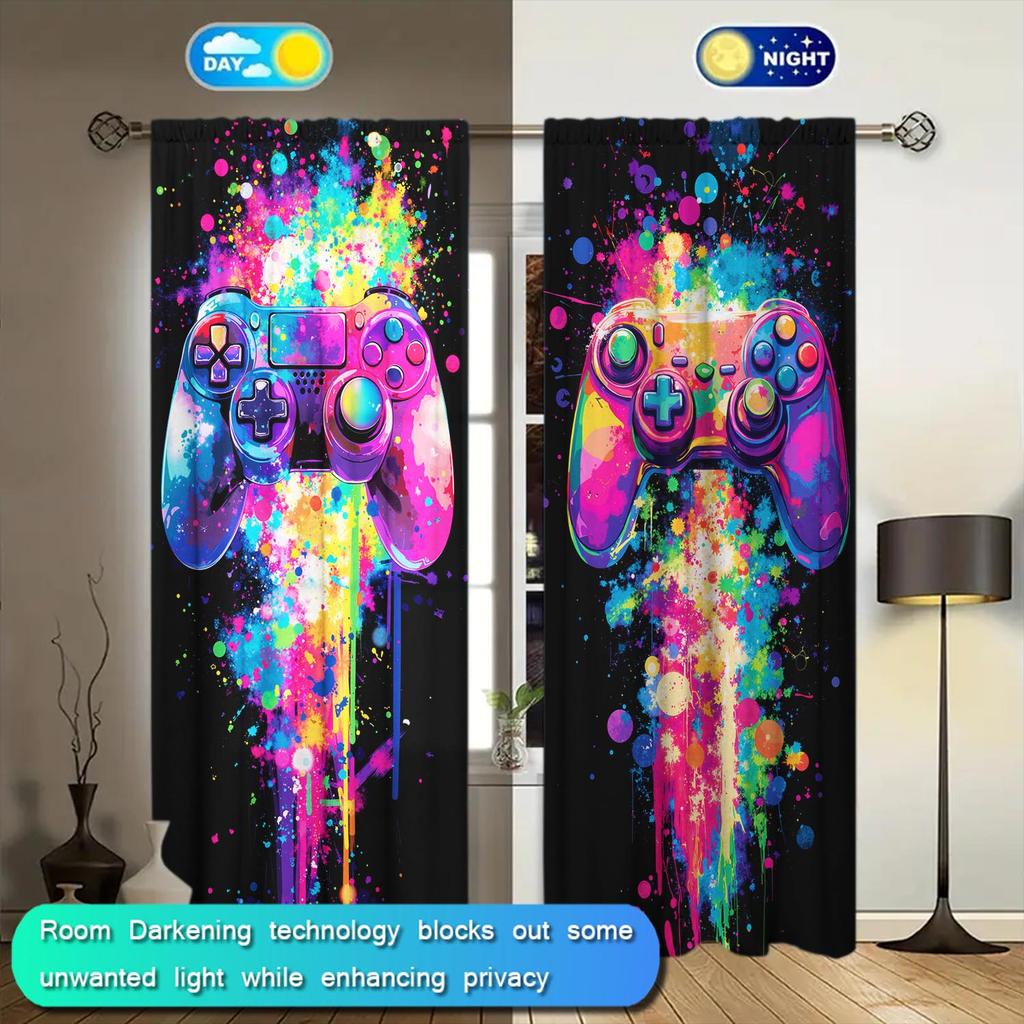 2pcs Colorful Ink Splash Gamepad Curtains   Sunshade and Privacy-protecting Pole-type Curtains