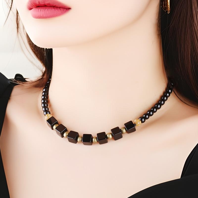 GEMCHIC Women s New Chinese Style Black Agate Cube Bead Necklace Vintage Ethnic Short Choker Jewelry