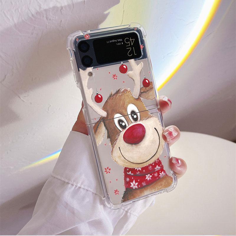 Christmas New Year Gifts Elk Snow Coque for Samsung Galaxy Z Flip 4 Z Flip 3 5G ZFlip4 ZFlip3 Flip4 Flip3 Clear TPU Case