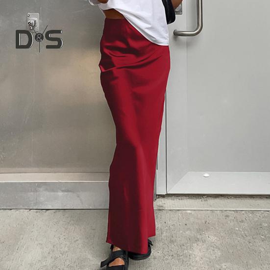 Women Satin Skirt High Waist Midi Long Skirt Slim Wrap Hip A-line Faux Silk Skirts for Spring Summer Streetwear