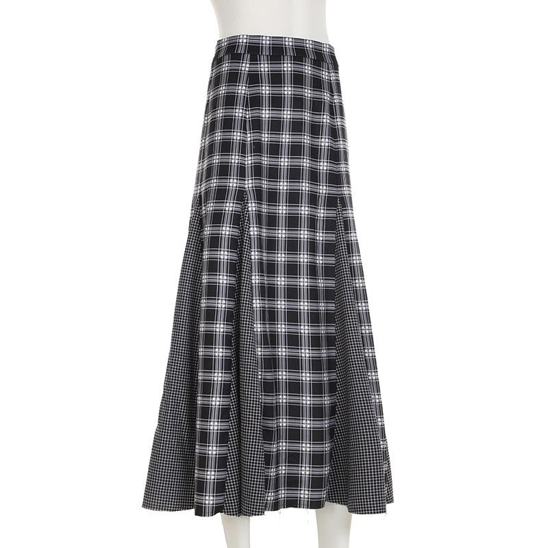 Women's Retro College Style Color Contrast Patchwork Check Low Waist Slimming All Matching Simple Skirt