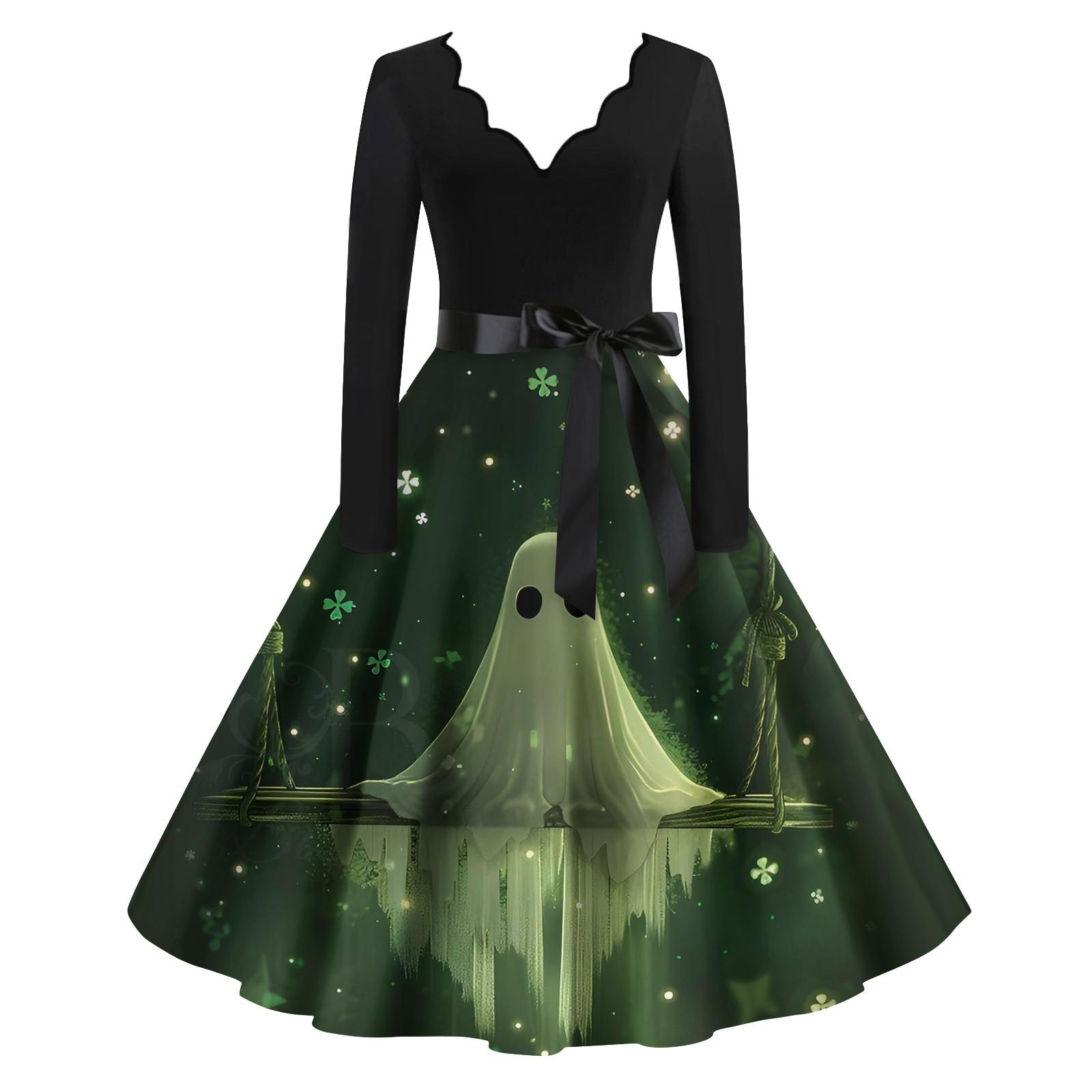 

Женские повседневные модные винтажные длинные платья с длинным рукавом на Хэллоуин и графическим принтом XXXXL