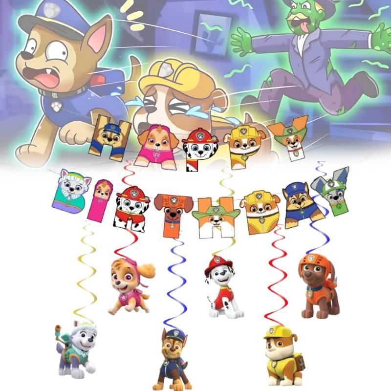 Bannière de fête d'anniversaire et ensemble de décorations spirales sur le thème de la Pat' Patrouille pour chiens