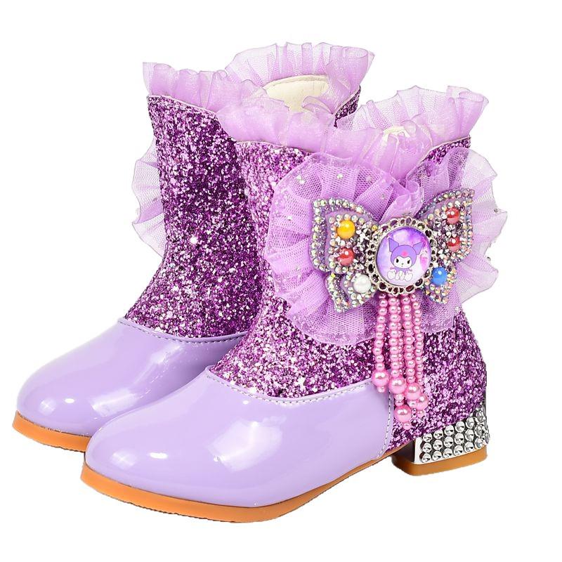 Kuromi Girls' Purple High-Heeled Ankle Boots - Velvet Lined, Warm Snow Boots for Autumn & Winter