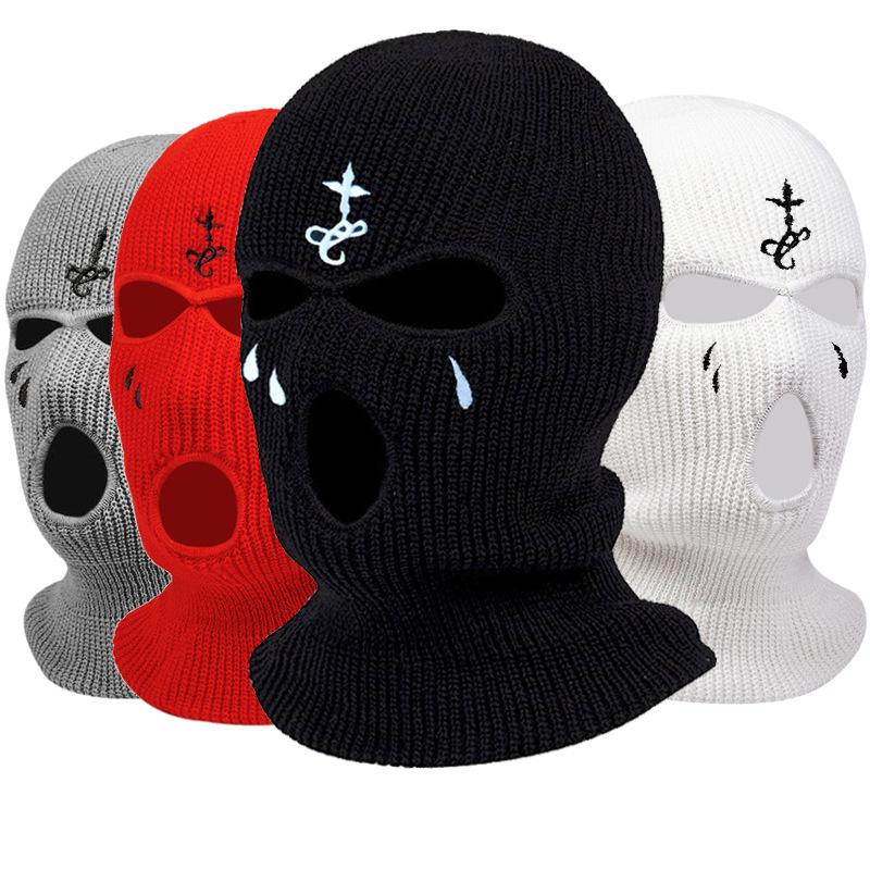 Cross Embroidery Ski Mask Winter Balaclava Hat 3-Hole Knitted Full Face Cover Neck Gaiter Warm Beanie For Outdoor Sport