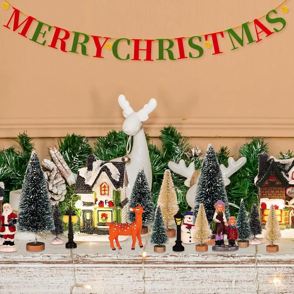 Holiday Landscape Decor Set Christmas Resin Miniature Houses with Light Up Village Collection for Tabletop Display