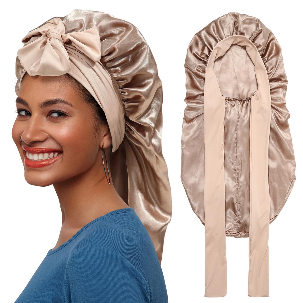 Long Sleeping Silky Satin Adjustable Hair Bonnet with Ties Solid Color Stretchy Sleep Cap for Women Long Hair and Braids