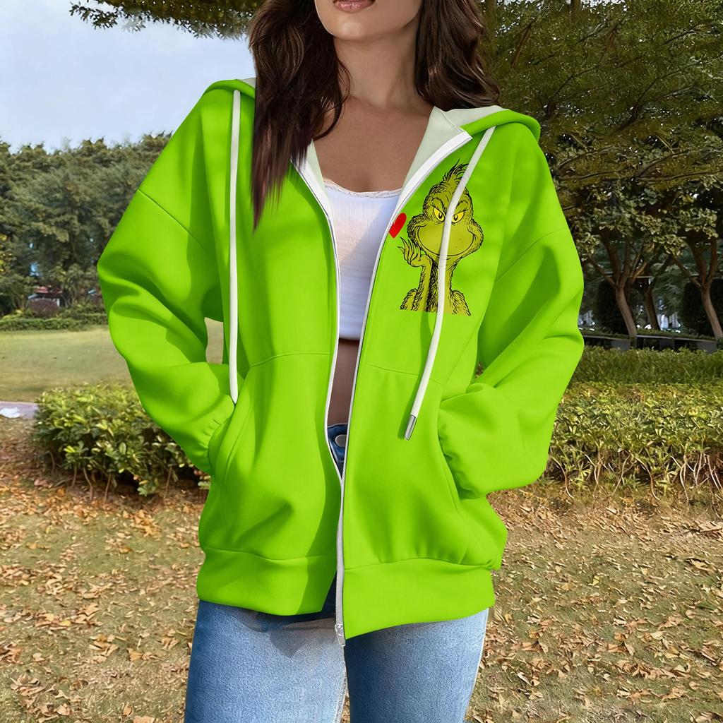 Women's Casual Fashion Long Sleeve Zipper Printed Hooded Sweatshirt