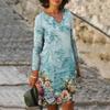 Women Midi Dress Flower Print V-neck Long Sleeves Vintage Pullover Daily Wear Colorful Holiday Autumn Women Beach Dress Female Clothes