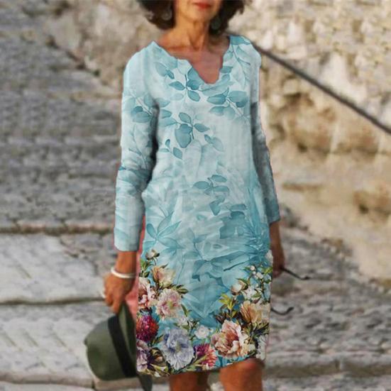 Women Midi Dress Flower Print V-neck Long Sleeves Vintage Pullover Daily Wear Colorful Holiday Autumn Women Beach Dress Female Clothes