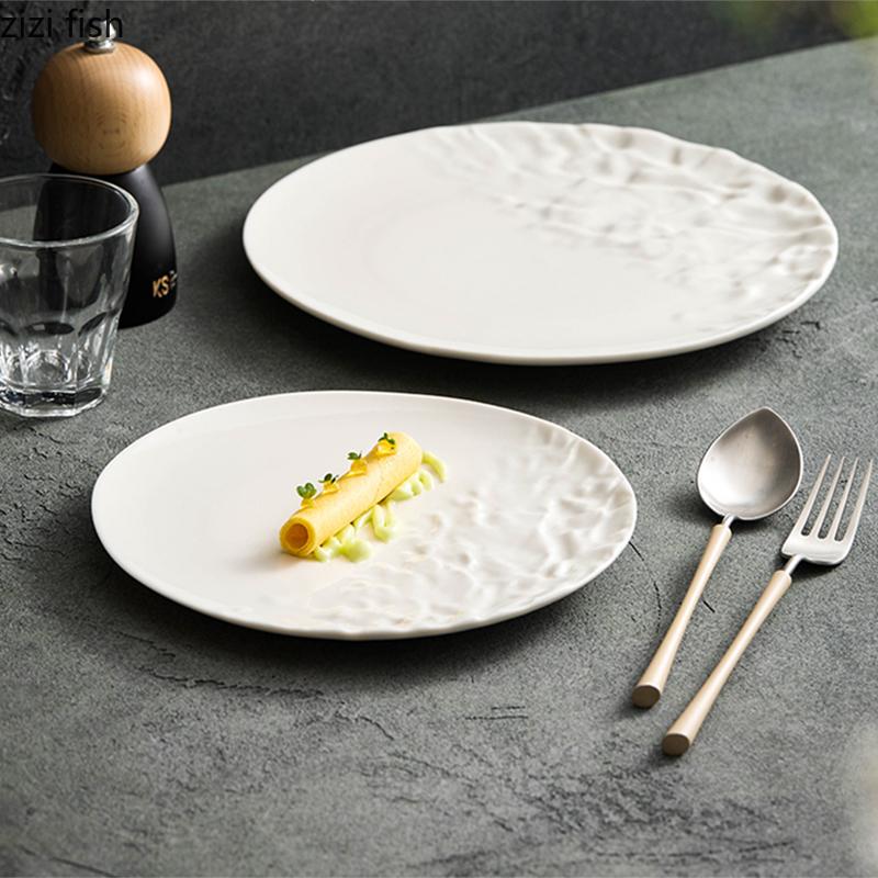 Pure White Half Rock Textured Ceramic Dinner Plate Steak Plate Dessert Plate Pasta Plates Molecular Cuisine Specialty Tableware