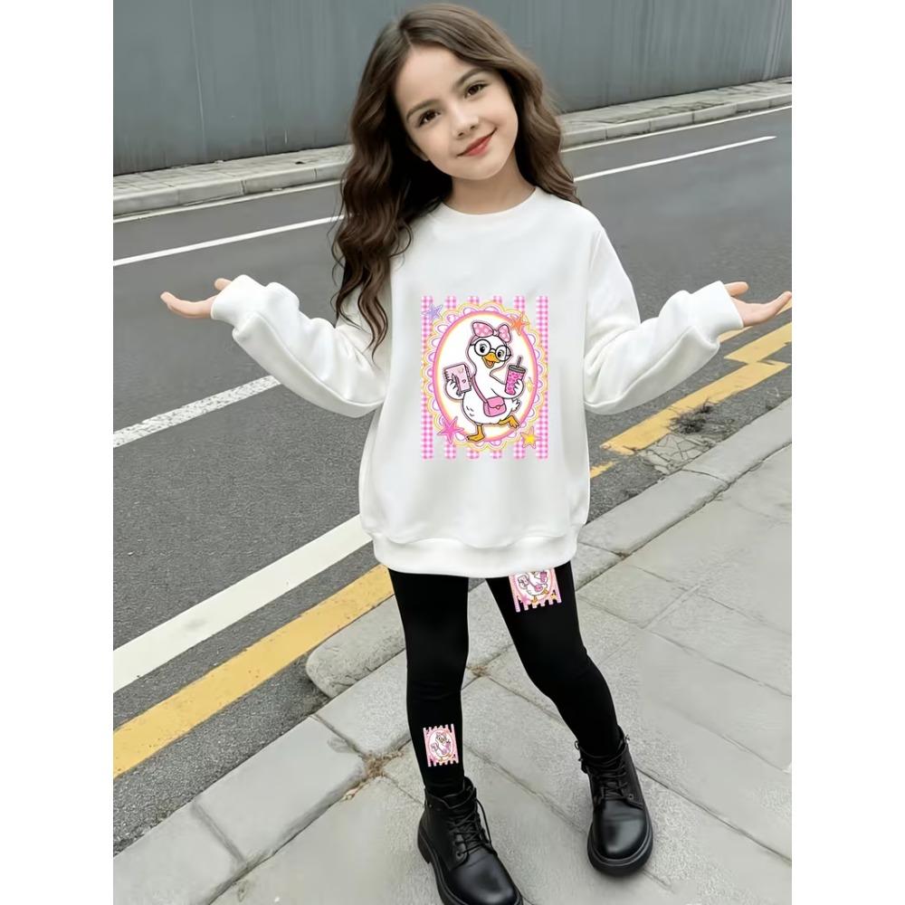 Girls' Cute Cartoon Duck Casual Comfortable Soft Loose Pullover Sweatshirt and Leggings 2-Piece Set, New Autumn/Winter, Playful, Sweet and Cool Style