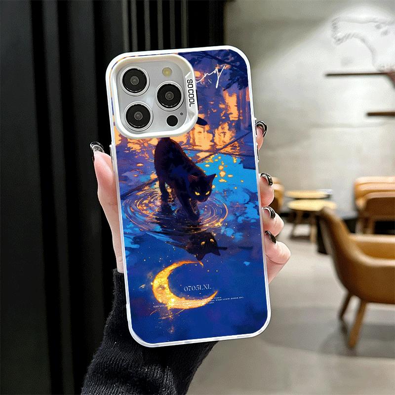Night Moon Cat Dreamy Art Shockproof Phone Case for iPhone 17 Air 16 16E 15 Pro Max 14 Plus 13 Mini 12 Back Cover Anti Fall Fund