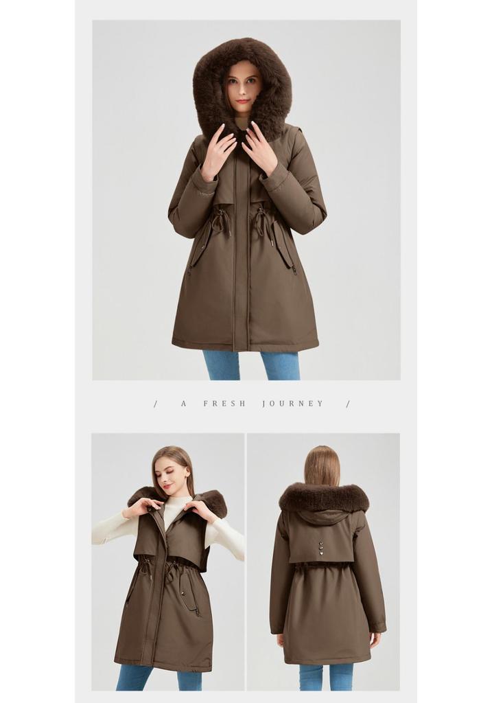 Women's Mid-Length Parka with Detachable Fur Collar and Sleeves - Warm, Thick Cotton Winter Jacket