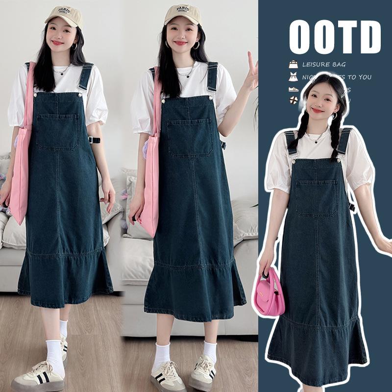 2026 Summer Chic Mermaid Denim Maternity Overall Dress with Patchwork T-Shirt