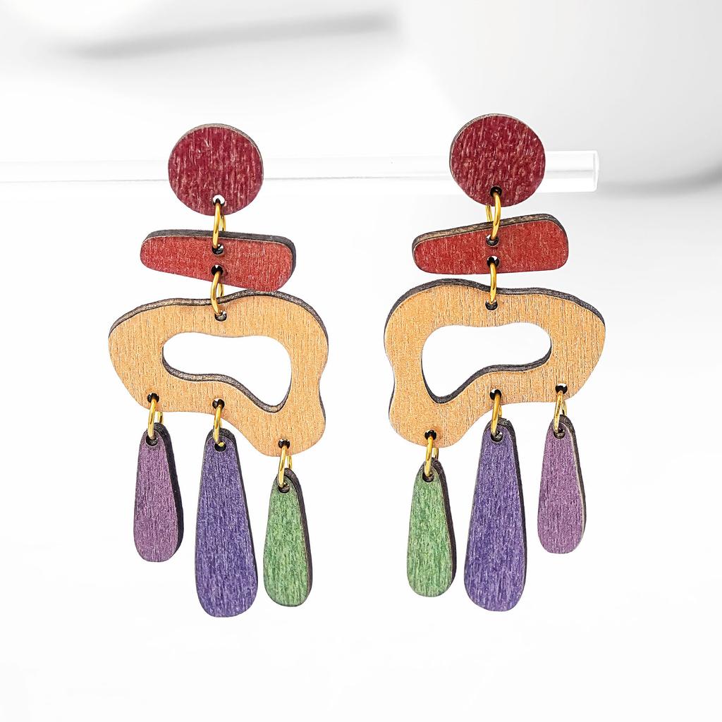 Environmentally Friendly Wood Earrings, Personalized Color Irregular Graphic Splicing Studs