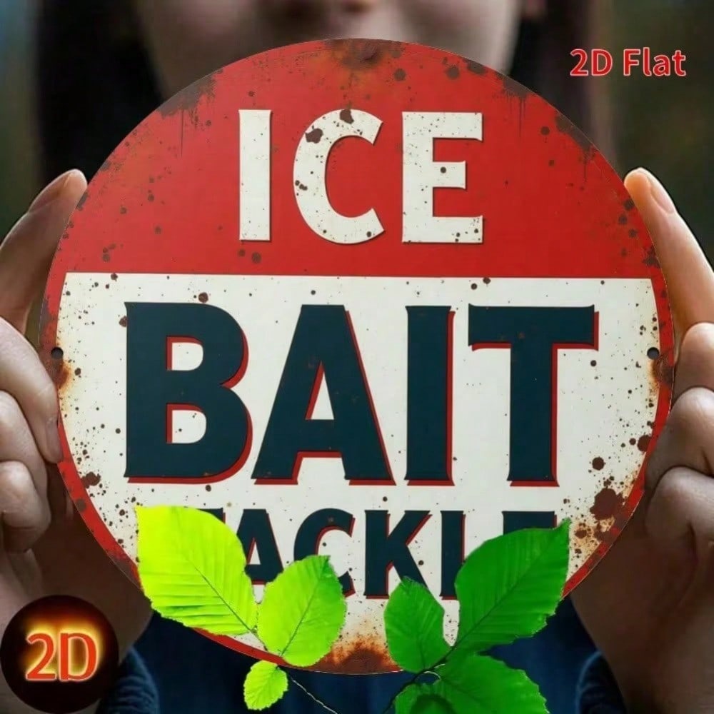 2D Metal Sign Ice Bait Fishing Tackle Shop Billboard, Rustic Wall Art for Man Cave Home Office Halloween Gift