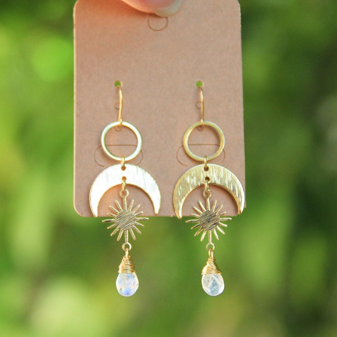 

Boho Trendy Stainless Steel Gold Color Sun Moon Celestial Body Irregular Transparent Crystal Dangle Earrings for Women Jewelry